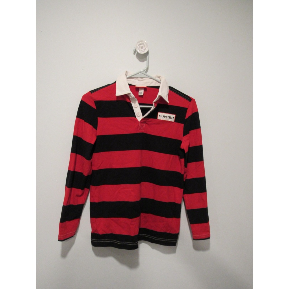 Hunter x Target Kids Rugby Shirt Red Black Striped Polo Medium 8/10 Long Sleeve